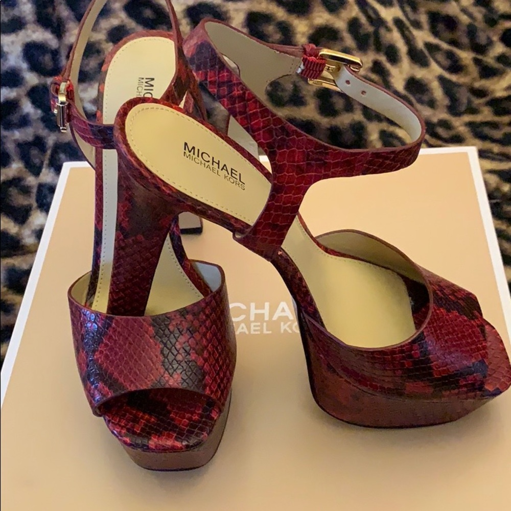 MICHAEL Michael Kors Red Snakeskin Platform Sandals - Picture 2 of 10